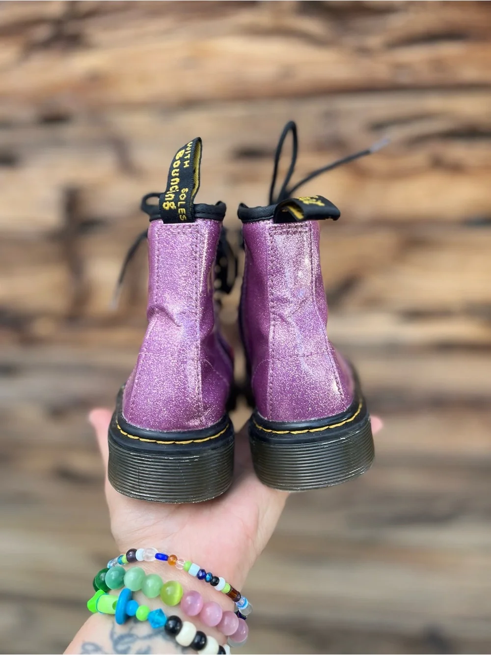 DR.MARTENS | Sparkle Pink Combat Boots with Black Laces 11
